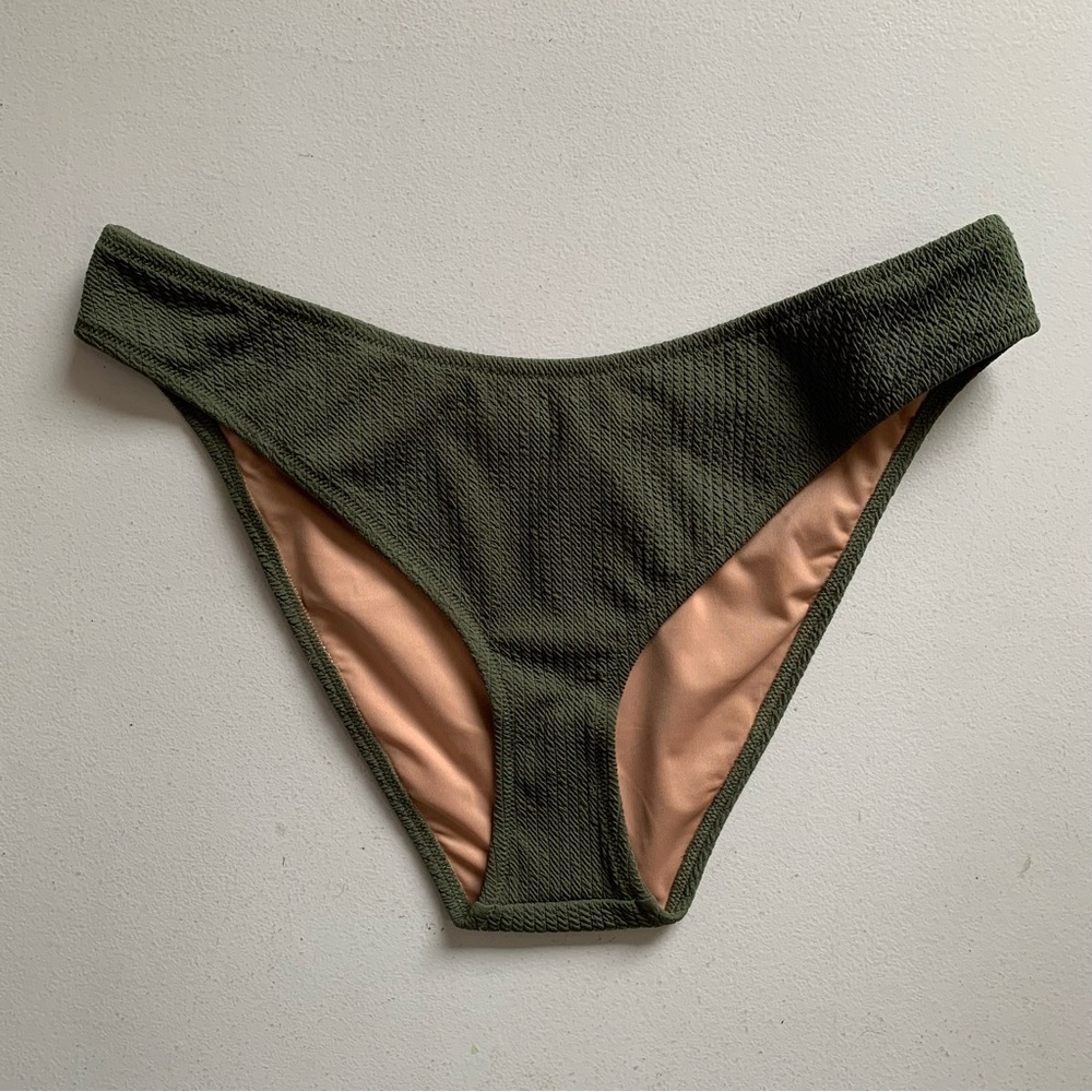 J Crew Cheeky Bikini Bottom Size XL Curved Waist Green Textured Swimwear NWT